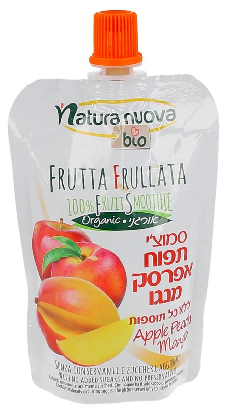 عصير سموثي عضوي 100% من "Natura Nuova" بنكهة التفاح والخوخ والمانجو. 