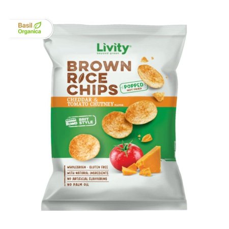 رقائق أرز بني من Livity بنكهة شاتني الشيدر والطماطم. 