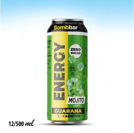مشروب طاقة بومبار بنكهة الموهيتو، خالٍ من السكر، ويحتوي على الغوارانا والكارنتين. 